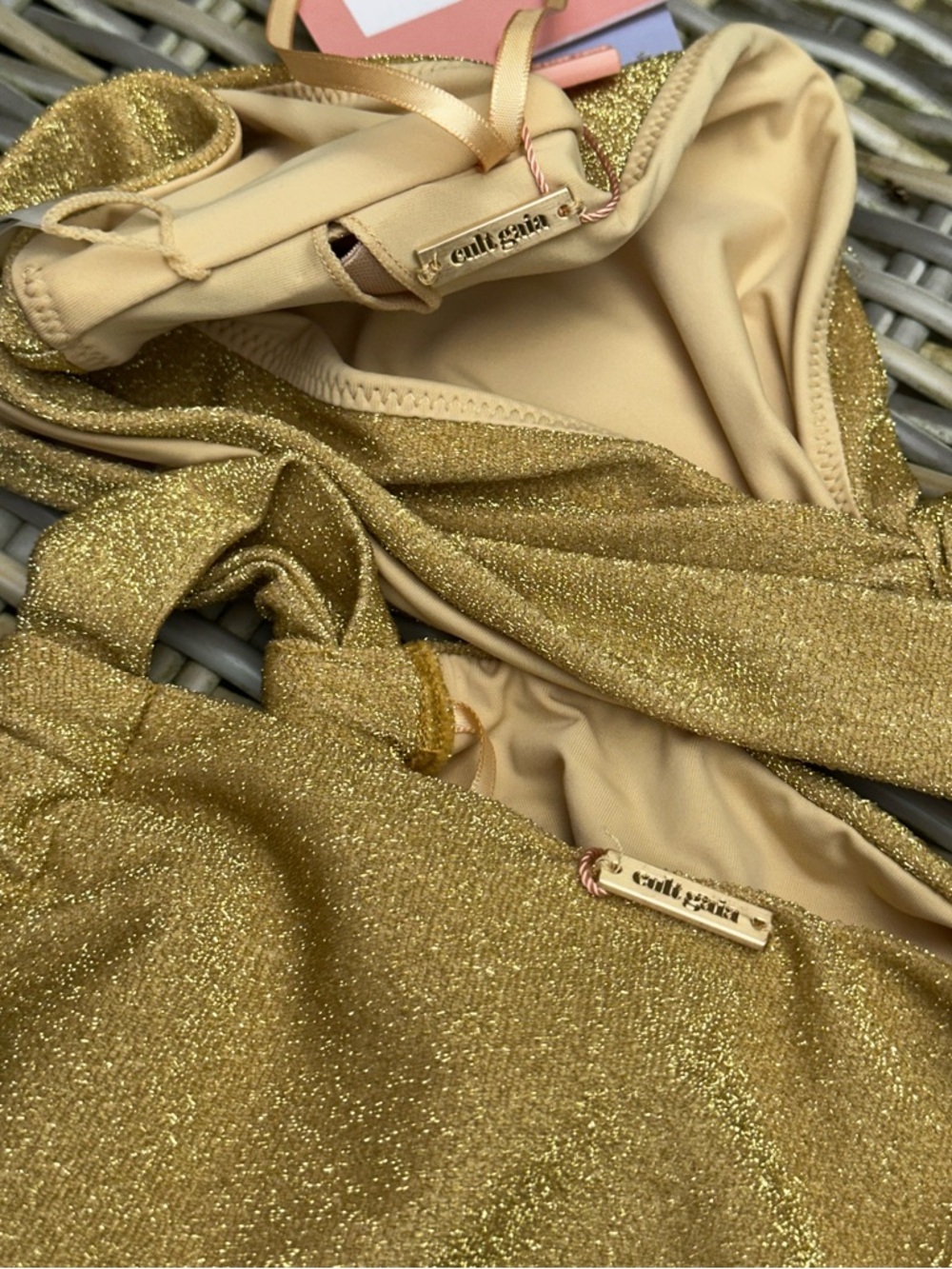 NWT Cult Gaia Charmaine One Shoulder Bikini XS Top Bottom Set Gold - Picture 13 of 14